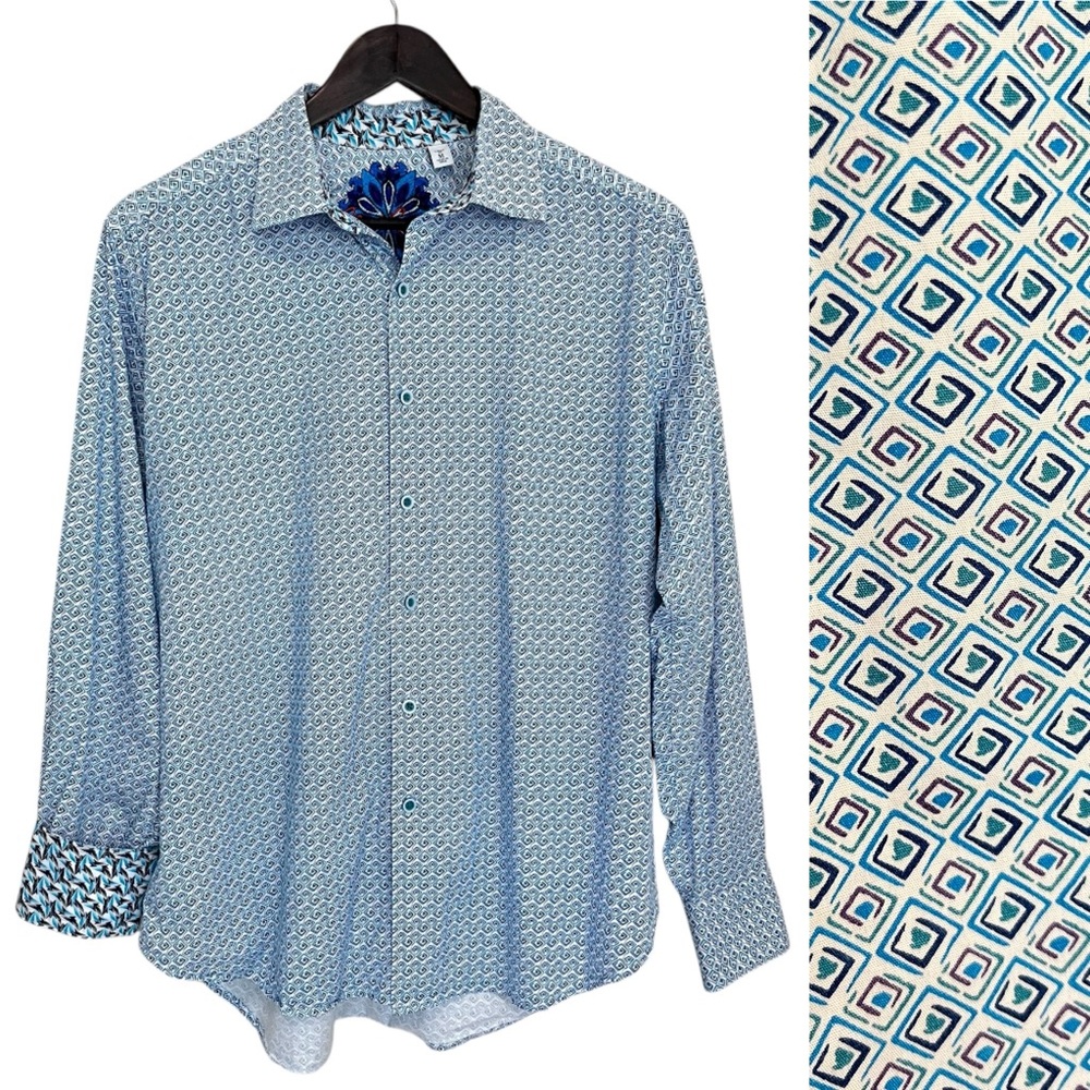 Robert Graham Dalegard Blue Geometric Flip Cuffs Button Up Shirt
